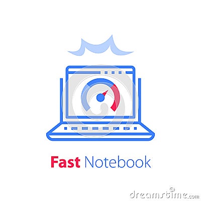 Fast notebook, internet access, software solution, antivirus concept Vector Illustration