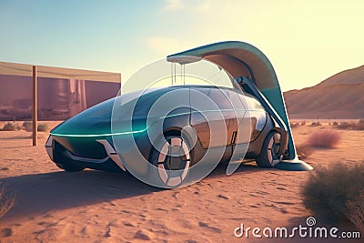 auto automotive futuristic transport drive transportation electric desert refueling car. Generative AI. Stock Photo