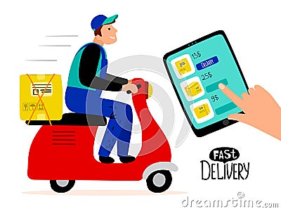 Fast paid delivery vector concept. Delivery man drive scooter illustration Vector Illustration