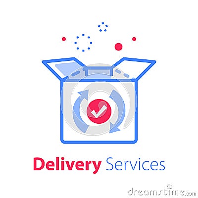 Fast processing store order, parcel shipment, distribution services, delivery warranty Vector Illustration