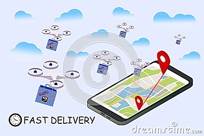Fast quadcopter delivery sushi in a package, food delivery concept illustration, quadcopter control, delivery anywhere Cartoon Illustration