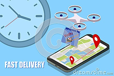 Fast quadcopter delivery sushi in a package, food delivery concept illustration, quadcopter control, delivery anywhere Cartoon Illustration