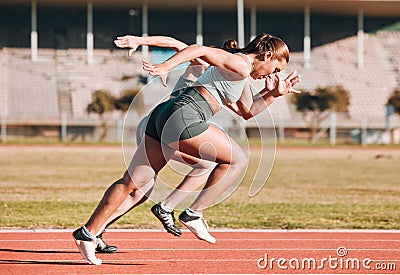 Fast, race and athletes running sprint in competition or fitness game and training for energy wellness on track. Sports Stock Photo