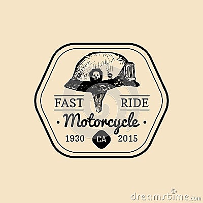 Fast Ride biker store logo. Motorcycle club sign. Garage label. Vector illustration of hand drawn helmet with glasses. Vector Illustration