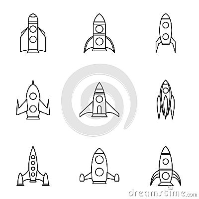 Fast rockets icons set, outline style Vector Illustration