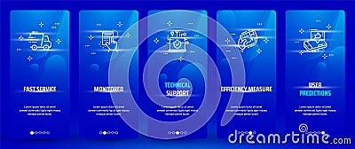 Fast service, Monitored, Technical support, Efficiency measure, User predictions Vertical Cards with strong metaphors. Vector Illustration