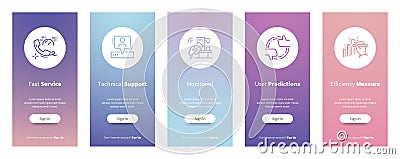 Fast service, Technical support, Monitored, User predictions, Efficiency measure Vertical Cards with strong metaphors. Vector Illustration