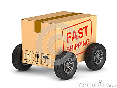 Fast shipping cargo box with wheel on white background. Isolated Cartoon Illustration