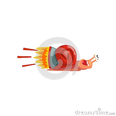 Fast snail, cute cartoon mollusk character with turbo speed booster vector Illustration on a white background Vector Illustration