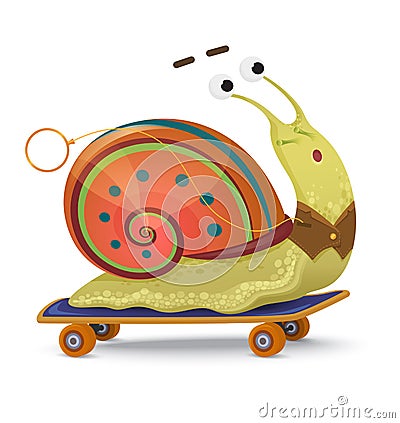 Fast snail. Cute cartoon snail on a skateboard isolated Vector Illustration