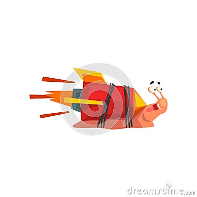 Fast snail, funny cartoon mollusk character with turbo rocket speed booster vector Illustration on a white background Vector Illustration