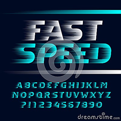 Fast Speed alphabet font. Wind effect italic letters, symbols and numbers. Vector Illustration