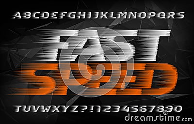 Fast Speed alphabet font. Wind effect type letters and numbers on dark polygonal background. Vector Illustration