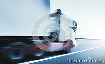 Fast Speeding Motion of Semi Trailer Truck Driving on the Road. Diesel Truck. Freight Truck Logistics Shipping Cargo Transport. Stock Photo