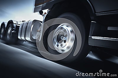 Fast Spinning Truck Wheels. Semi Truck Driving on the Road Shipping Freight Truck. Logistics Cargo Transport Logistics Stock Photo