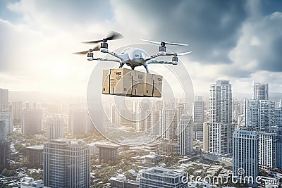Fast transportation robot aircraft fly box technology vehicle remote air delivery drone propeller Cartoon Illustration