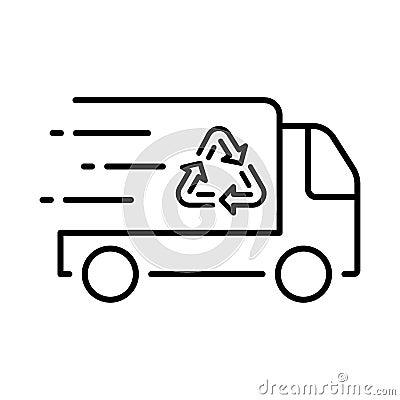 Fast Trash Car for Transportation Ecology Trash Line Icon. Waste Truck with Recycle Symbol. Garbage Truck for Rubbish Vector Illustration