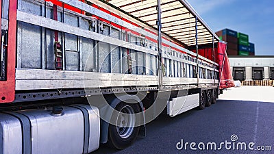 . fastening of freight in the trailer . distribution warehouse . Stock Photo