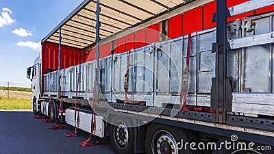 . fastening of freight in the trailer . distribution warehouse . Stock Photo