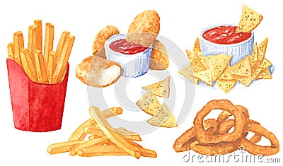 Fastfood clipart set, french fries, onion rings, nachos and red sause Cartoon Illustration