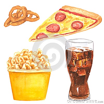 Fastfood clipart set, onion rings, pizza slice, popcorn bucket and cola Cartoon Illustration