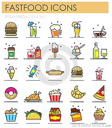 Fastfood color outline icons set on white background for graphic and web design, Modern simple vector sign. Internet concept. Vector Illustration