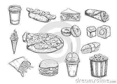 Fastfood dishes with drinks . Vector Hand drawn Isolated vector objects. Vector Illustration