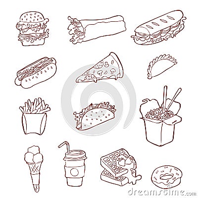 Fastfood icon set. Hand drawn sketch illustration of street food Cartoon Illustration