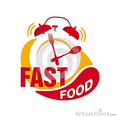 Fastfood logo - red alarm clock, spoon and fork Vector Illustration