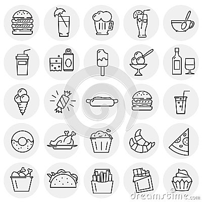 Fastfood outline icons set on circles background for graphic and web design, Modern simple vector sign. Internet concept. Trendy Vector Illustration