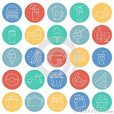 Fastfood outline icons set on color circles background for graphic and web design, Modern simple vector sign. Internet concept. Vector Illustration