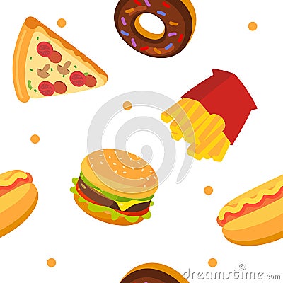 Fastfood pattern. Pizza, donut, french fried, hot dog, burger. Stock Photo