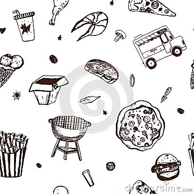 Fastfood seamless pattern. Menu background. Vector Illustration with nice food doodles on white. Vector Illustration