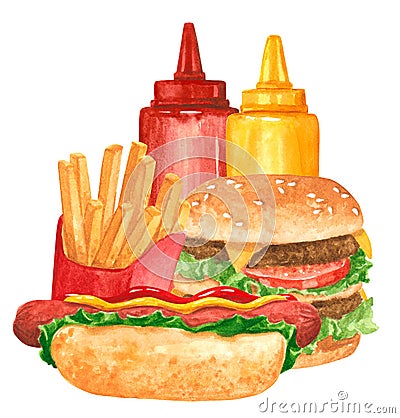 Fastfood set, hot dog, ketchup, mustard, hamburger, french fies Cartoon Illustration