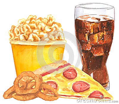 Fastfood set, pizza, onion rings, popcorn, cola Cartoon Illustration