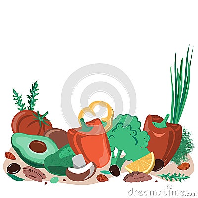 Fasting mimicking diet food, FMD products vector illustration. Vegetables, mushrooms, olives, and nuts. Vector Illustration