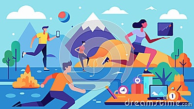 A fastpaced everchanging virtual world with users completing HIIT exercises as they traverse through different Vector Illustration