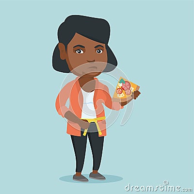 Fat african woman with pizza measuring waistline Vector Illustration