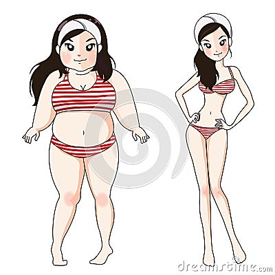 Before after fat body girl. Vector Illustration