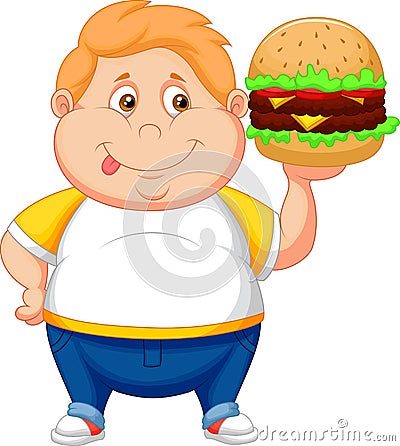 Fat boy cartoon smiling and ready to eat a big hamburger Vector Illustration