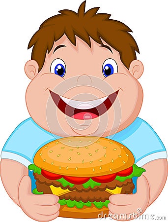 Fat Boy Cartoon Smiling And Ready To Eat A Big Hamburger ...