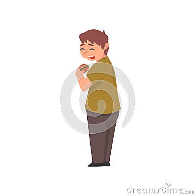 Fat Boy Eating Burger, Cute Overweight Child Character Vector Illustration Vector Illustration