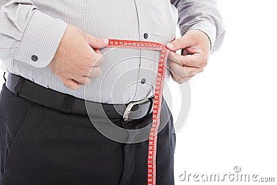 Fat business man use scale to measure his waistline Stock Photo