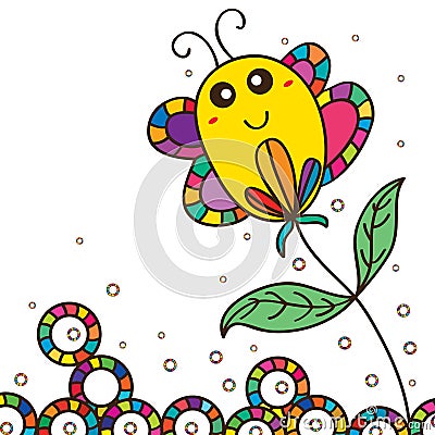 Fat butterfly cute stick flower Vector Illustration