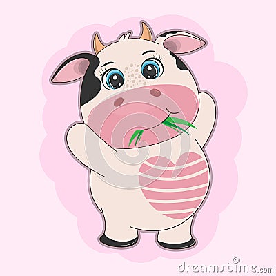 Fat cartoon cute cow with pink heart. Vector Illustration