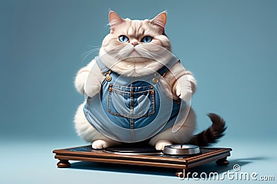 fat cat on scales measuring his weight, isolated on blue background Stock Photo