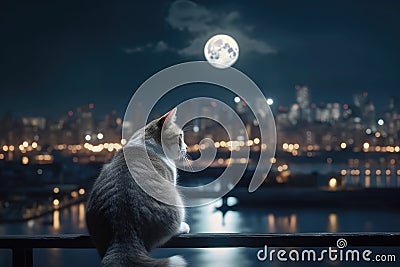 a fat cat sitting on a fence looking at the moon Stock Photo