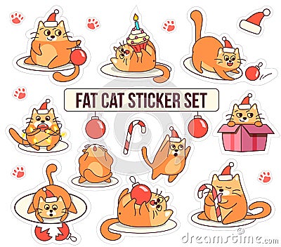 Fat cat sticker set for Christmas and New year holidays. Cartoon style design. Vector illustration with red pet Vector Illustration