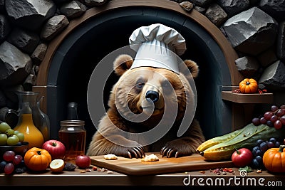 fat cute joyful bear in his fashionable modern den, modern bear den Stock Photo