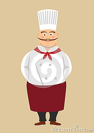 Fat cute male cook chef with long mustache standing Vector Illustration